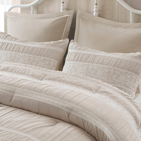 English Elm 7-piece King Jacquard Comforter Set Lace Detail Chambray Cottage Bedroom Ensemble Neutral B035P482889
