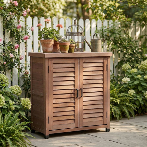 English Elm Potting Bench Solid Wood Workstation with Metal Top Louvered Cabinet Outdoor Garden Brown W2640P228401