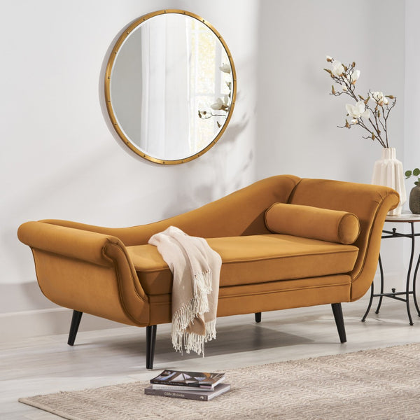 English Elm Chaise Lounge Upholstered Accent Piece Tailored Silhouette for Living Room or Bedroom Dark Yellow N776P396744T