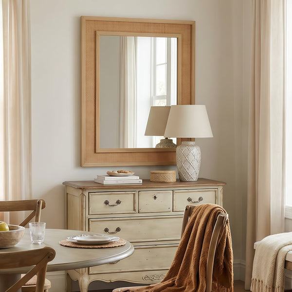English Elm Natural Rattan Wrapped Solid Wood Rectangular Mirror Handcrafted Farmhouse Bathroom Entryway Natural Wood W2203P436617