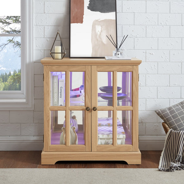 English Elm Led Curio Display Cabinet - Antique Oak Showcase With Adjustable Shelves, Remote & Lattice Doors For Home W2275P231692