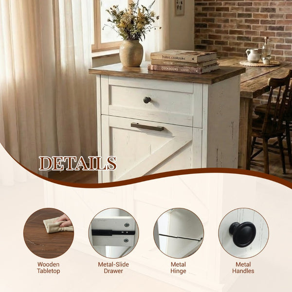 English Elm Tilt Out Trash Cabinet with Storage Drawer Conceals 10 Gallon Bin Pet Proof Brown+White T5831P489249