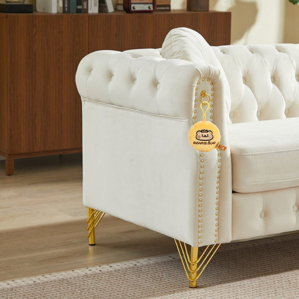 English Elm Velvet Chesterfield Tufted Sofa with Copper Stud Trim and Gold Legs for Glam Living Beige W834S00632