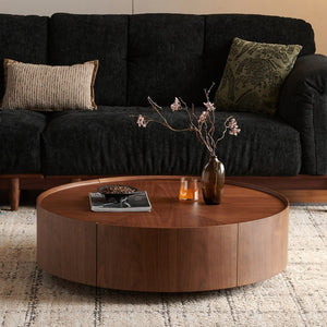 English Elm 39.3-inch Round Walnut Mosaic Inlay Coffee Table with Iron Base for Living Rooms W5098P417448