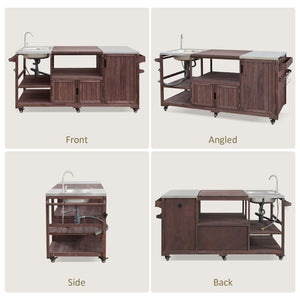 English Elm K&k Solid Fir Outdoor Kitchen Island with Sink Stainless Steel Top and Grill Cutout Brown N707S000022Z