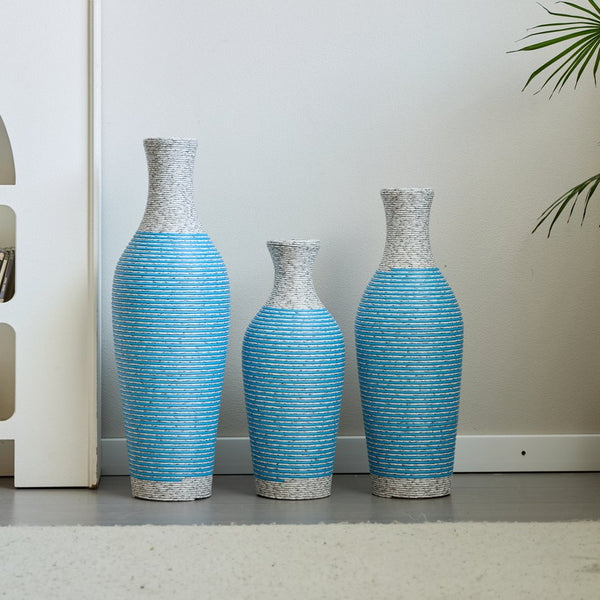 English Elm Desktop PVC Vase Set of 3 Decorative Tall Floor and Table Vases—Modern Durable Artful Accents for Home White+Blue W2796P261477