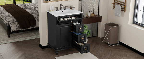 English Elm 24 Inch Freestanding Bathroom Vanity Solid Rubberwood Ceramic Sink Matte Finish Storage Black N725P375626B