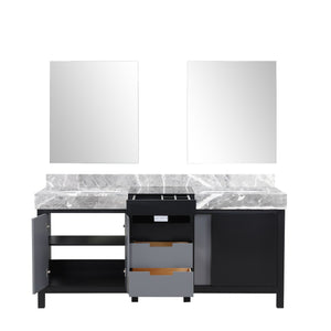 English Elm Black Double Bath Vanity 72" W With Castle Grey Marble Top & 28" Mirrors – Stylish Storage Solution! B2731S01151