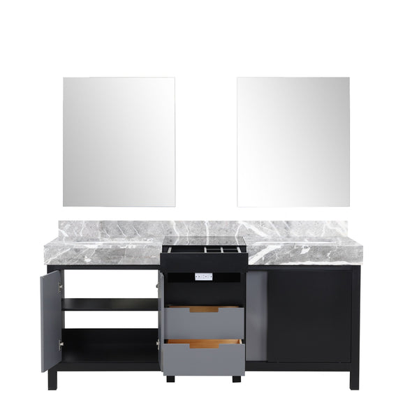 English Elm Black Double Bath Vanity 72" W With Castle Grey Marble Top & 28" Mirrors – Stylish Storage Solution! B2731S01151