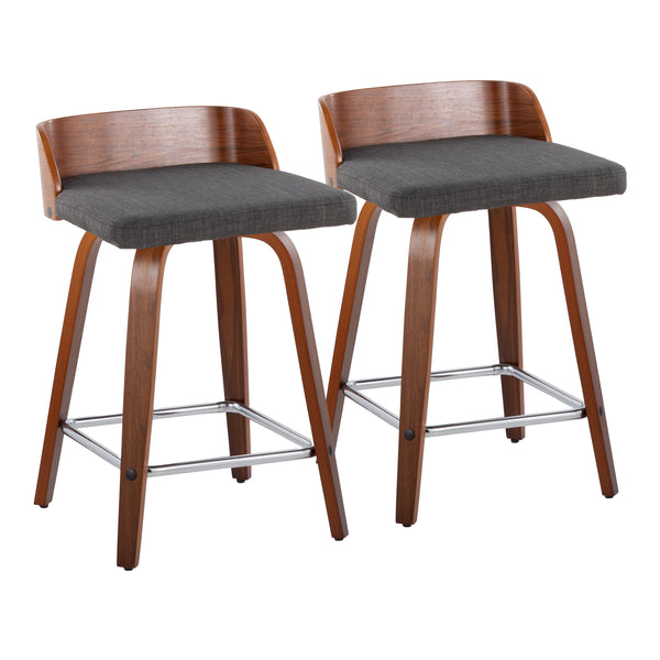 English Elm Maya 24" Mid-Century Counter Stool Set of 2 — Swivel Walnut Wood Frame, Charcoal Fabric, Chrome Footrest B202S00076
