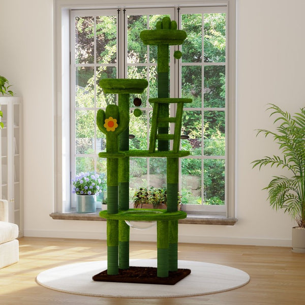 English Elm 72in Cactus Cat Tower Sisal Posts Plush Perches Capsule Pod Multi-level Climb Green W1578P447627