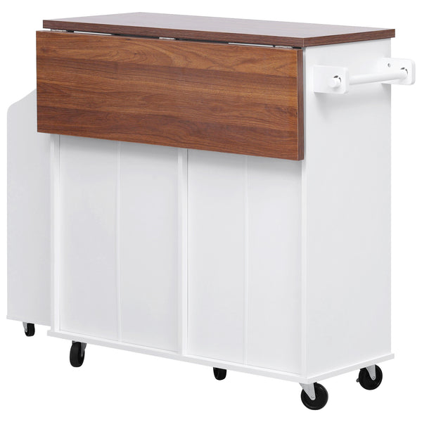 English Elm K&K 47.2" Farmhouse Kitchen Island with Drop Leaf, Removable Side Shelf, Trash Cabinet, Wheels White N707P307296W