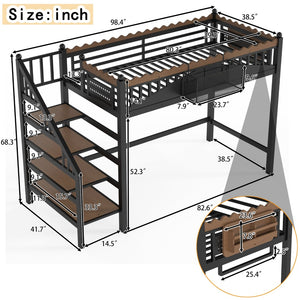 English Elm Twin Xl Metal Loft Bed with Stair Storage Shelves Sturdy Steel Frame for Dorms W1580S00377