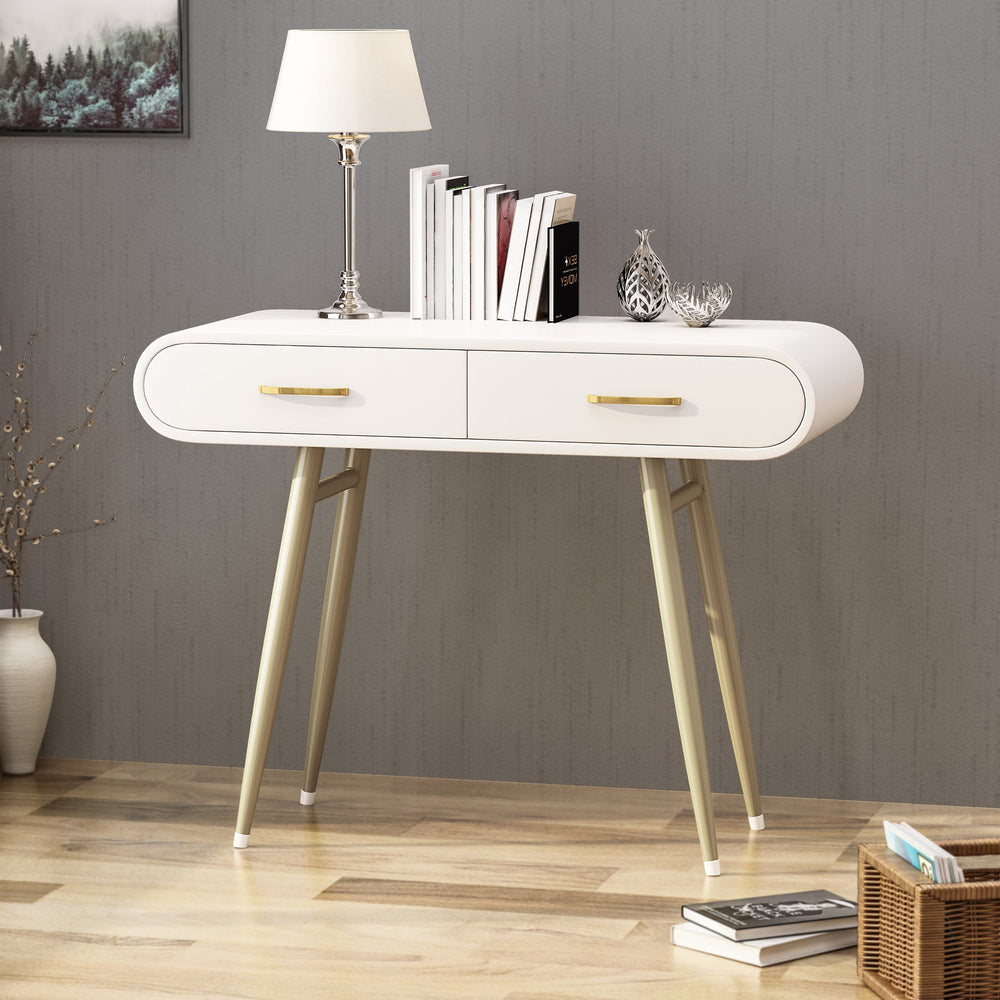 English Elm Christopher Knight Home® - ACCENT White Glam Vanity Table with Gold Legs, 2 Drawers, Faux Wood Top, Modern Chic 39.5"W PMID 64633.00