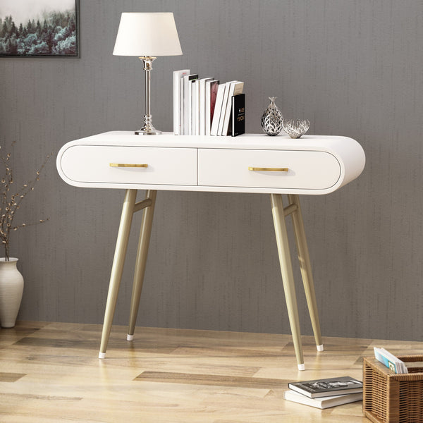 English Elm Christopher Knight Home® - ACCENT White Glam Vanity Table with Gold Legs, 2 Drawers, Faux Wood Top, Modern Chic 39.5"W PMID 64633.00