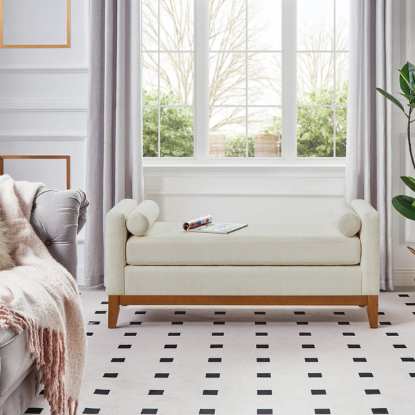 English Elm Large Boucle Upholstered Window Bench with Armrests and Throw Pillows for Entryway Beige W2186P454321
