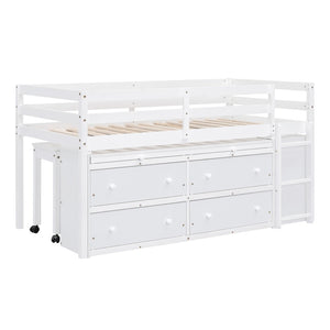 English Elm Twin Loft Bed Pinewood Frame Four Drawers Retractable Study Desk Kids Bedroom White LT000368AAK