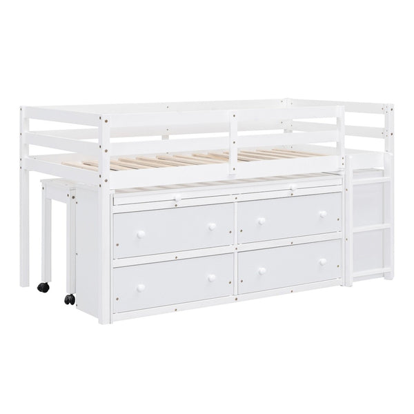 English Elm Twin Loft Bed Pinewood Frame Four Drawers Retractable Study Desk Kids Bedroom White LT000368AAK