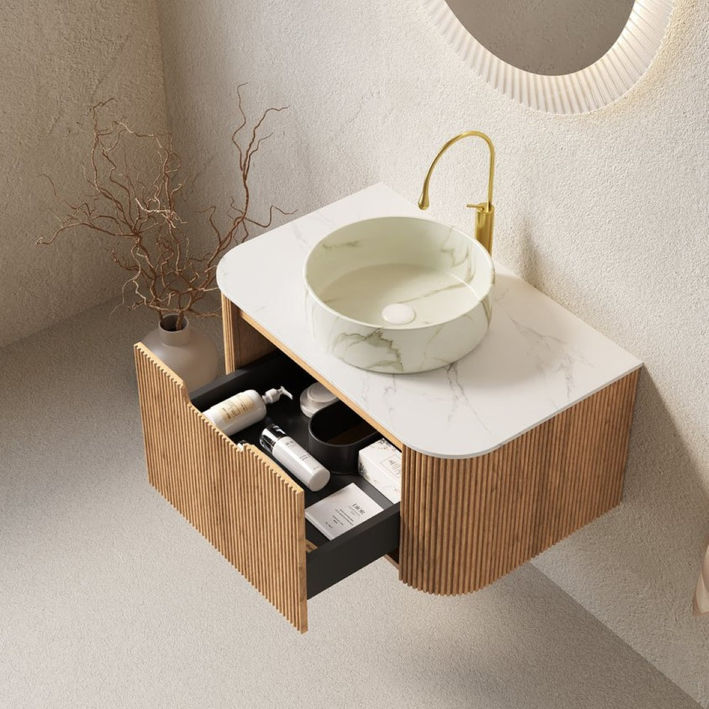 English Elm Muri Floating Bathroom Vanity Plywood Cabinet Sintered Stone Top Oak Drawer Carrara White,Natural Wood,Stone White W2615S00440