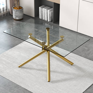 English Elm Large Rectangular Glass Dining Table For 4-8 People, Modern Design With Gold Metal Legs & Durability W1151S03180