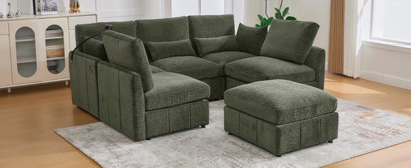 English Elm Modern Modular Sectional Sofa With Usb Ports, Movable Ottoman, And Pillows – Perfect For Living Rooms! N719S002050F