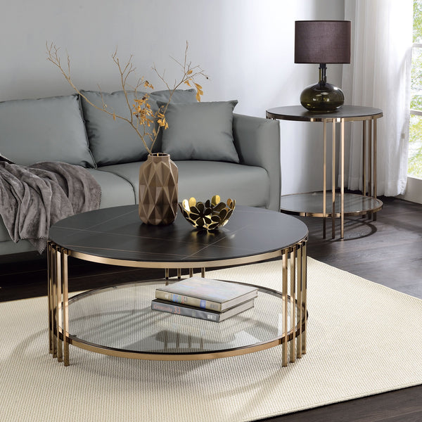 English Elm Abisha Round Sintered Stone Coffee Table with Champagne Metal Frame and Lower Display Shelf Black 40.75 L x 40 W x 4.25 H B2726P245882