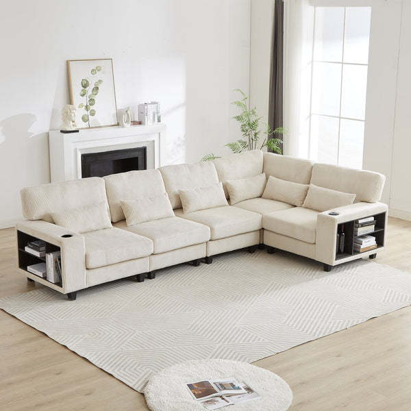 English Elm 102.75*102.75" L-Shaped Modular Sectional Sofa with Corduroy Upholstery, Storage Arm, Cup Holder, 5-Seat Convertible Lounge Beige W1926S00053
