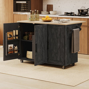 English Elm K&K Farmhouse Kitchen Island with Geometric Twill Doors, ASH Bark Top, Drop Leaf & Lockable Wheels Black N707P221444B