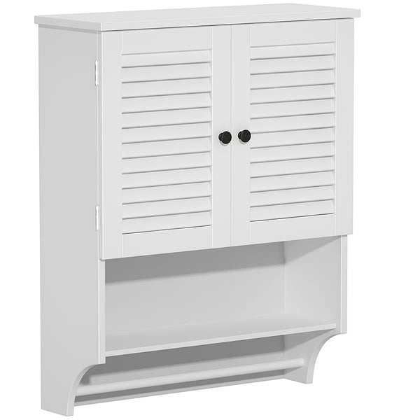 English Elm Wall-Mounted Bathroom Cabinet with Louvered Doors, Adjustable Shelves, Open Shelf & Towel Rod for Organized, Ventilated Storage White T3771P368595