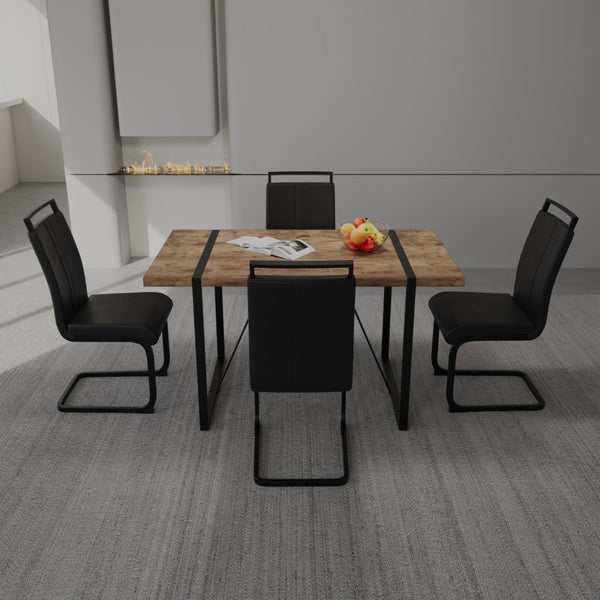 English Elm 55 Inch Industrial Farmhouse Dining Set with Mdf Top Four Pu Leather Cushion Chairs W2189S00935