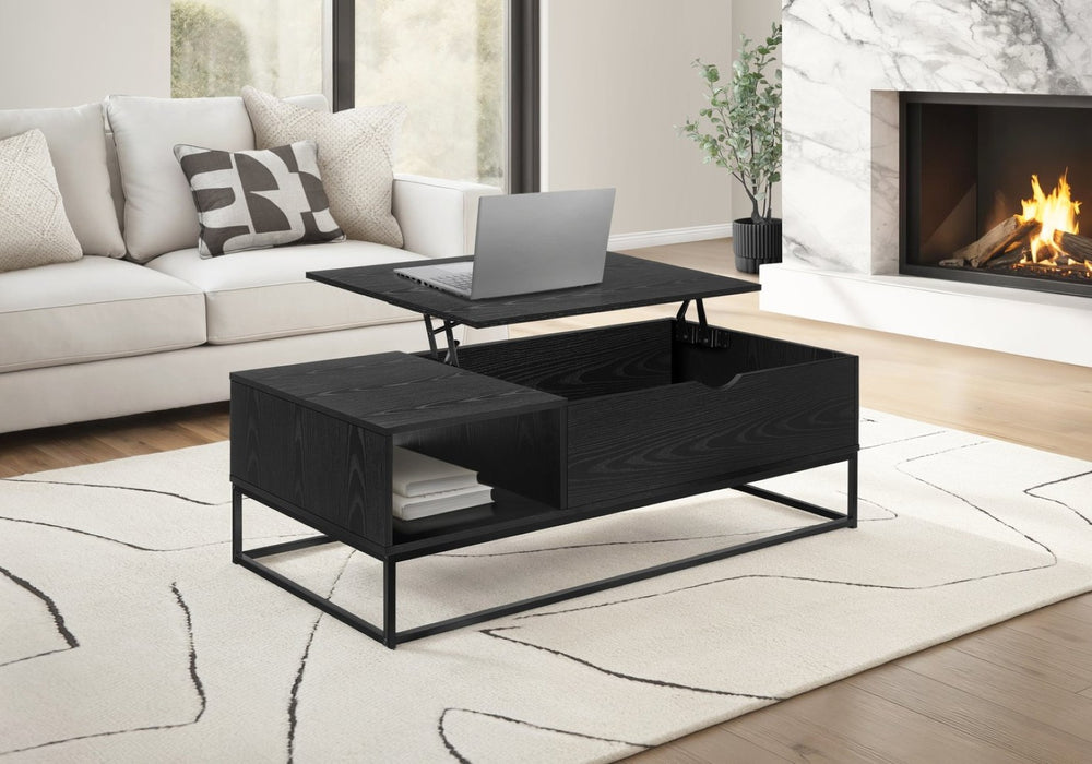English Elm Coffee Table with Lift Top Hidden Storage Black Laminate Metal Base Modern Living Room B2710P461754