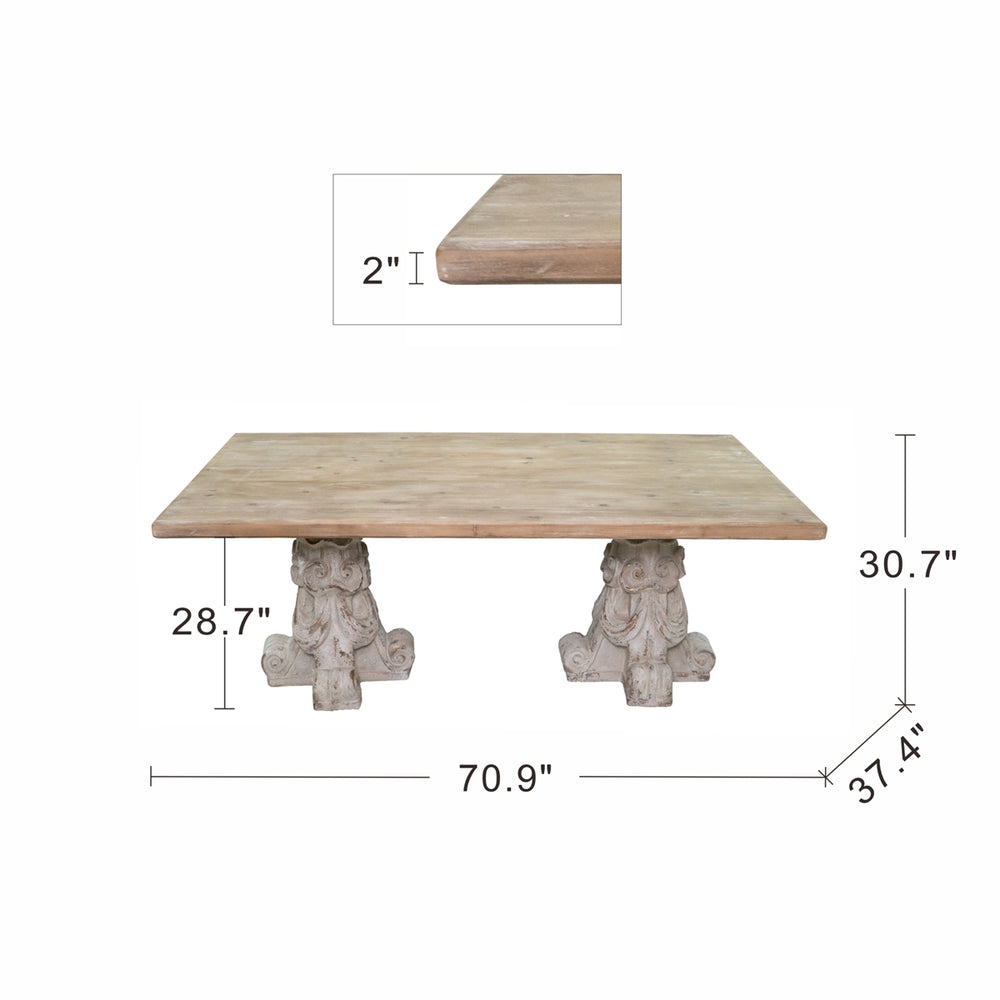 English Elm 71x37.5x30.5" Elegant Rectangular Dining Table with Brown & White Magnesium Finish, Ornate Pedestal Bases, Easy Assembly, Rustic-Classic Appeal W2078P410115
