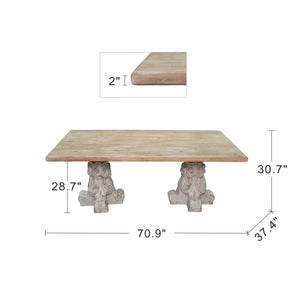 English Elm 71x37.5x30.5" Elegant Rectangular Dining Table with Brown & White Magnesium Finish, Ornate Pedestal Bases, Easy Assembly, Rustic-Classic Appeal W2078P410115
