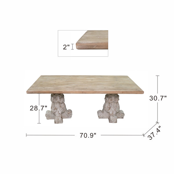 English Elm 71x37.5x30.5" Elegant Rectangular Dining Table with Brown & White Magnesium Finish, Ornate Pedestal Bases, Easy Assembly, Rustic-Classic Appeal W2078P410115
