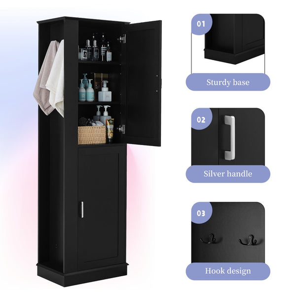 English Elm Tall Bathroom Storage Cabinet - Freestanding With Adjustable Shelves, Hooks & Modern Black Design N725P241834B-GIGA