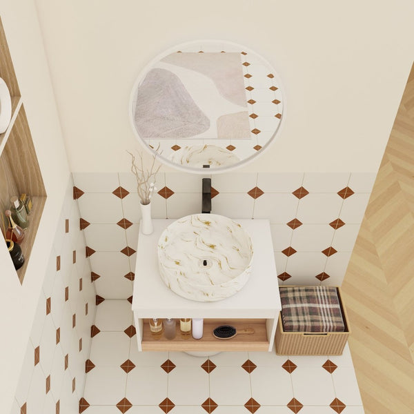 English Elm 24" Floating Bathroom Vanity White Oak Open Shelf Ceramic Vessel Sink Modern Bath W3450S00053