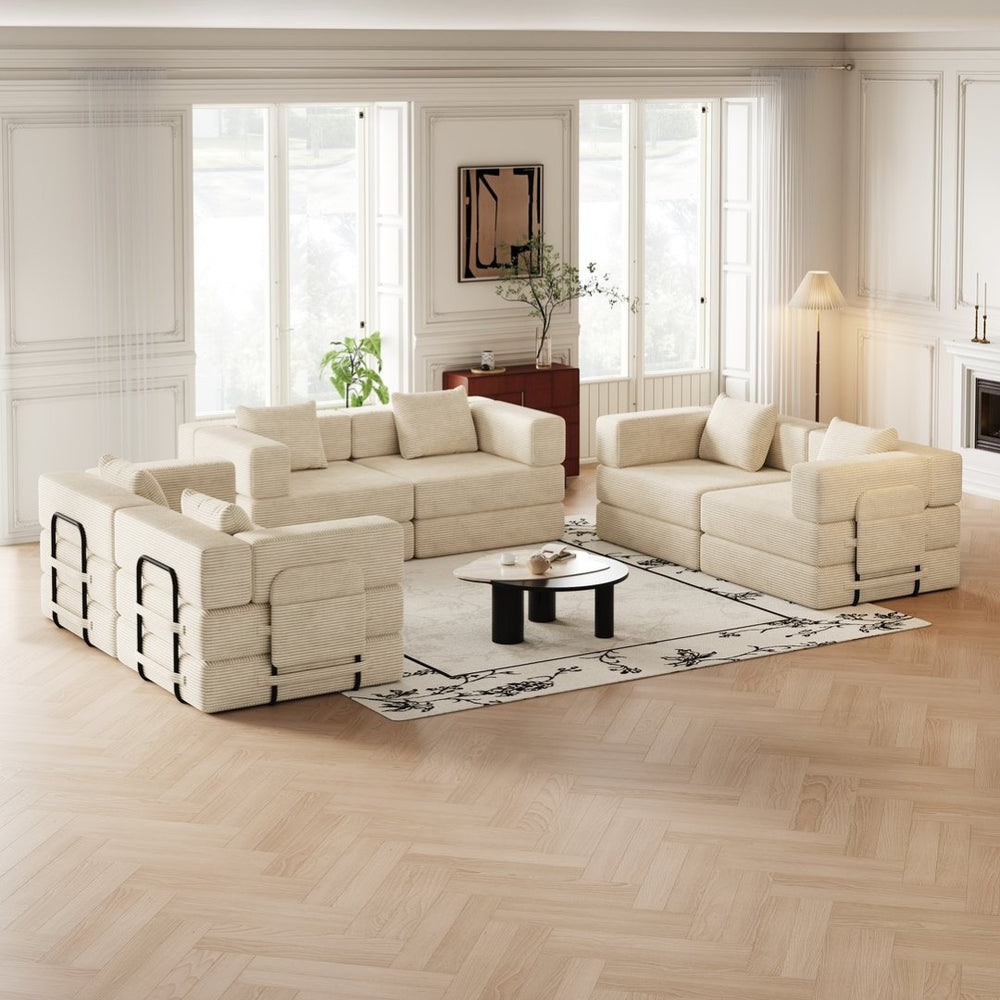 English Elm 6 Seater Corduroy Floor Sofa Bed with Storage Pockets and High Density Foam Cushions W3505S00020