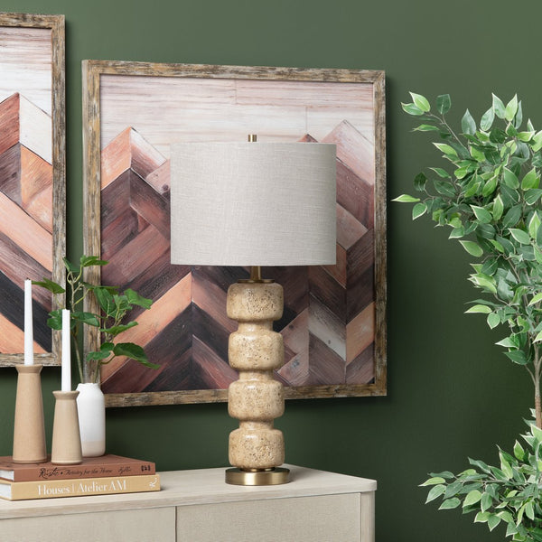 Crestview Collection 29"H Elegant Travertine Look Resin Table Lamp With Gold Accents & Oatmeal Linen Shade, 3-way Socket   Cvazvp126