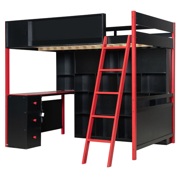 English Elm Full Size Gaming Loft Bed with Led Lighting Desk Drawers and Display Shelving Red LT000263AAJ