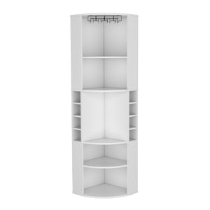 English Elm Oban Matte Black Corner Bar Cabinet with Bottle Cubbies and Open Stemware Shelves B200S00388