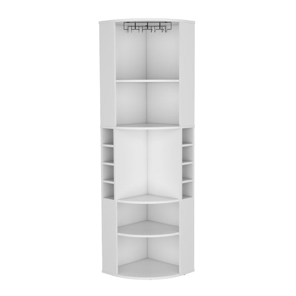 English Elm Oban Matte Black Corner Bar Cabinet with Bottle Cubbies and Open Stemware Shelves B200S00388