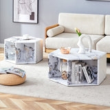 English Elm Minimalist White Patterns Hexagonal Coffee Table Set.Hexagonal Mdf Coffee Table, Characteristic Pattern Stickers, Multi-Hole Design To Give More Storage Space.Two Coffee Tables Of Different Sizes.