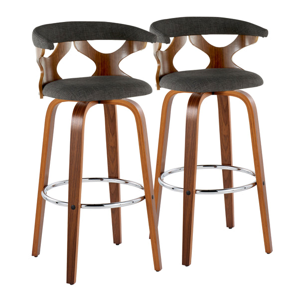 English Elm Gardenia Mid-Century 30" Barstool with Swivel, Padded Fabric Seat and Walnut Legs with Chrome Rest Charcoal B202S00571