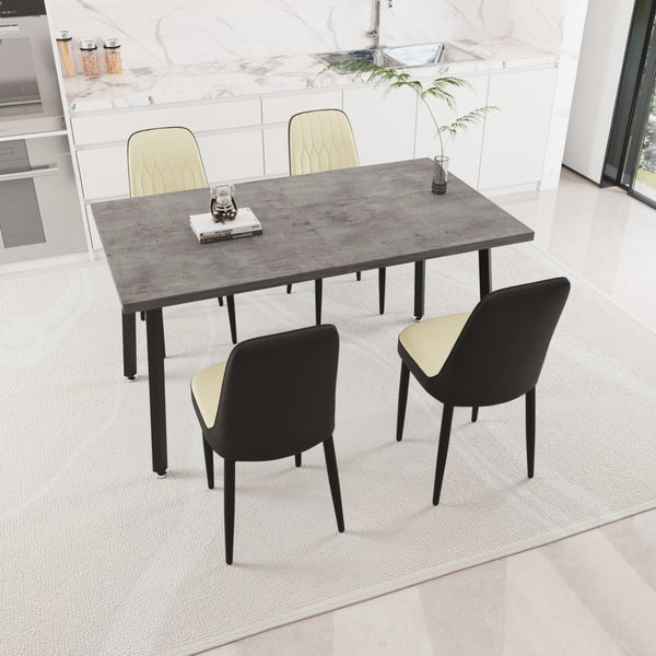 English Elm 55.12-70.87" Expandable Dining Table Set Seats 6 with Pu Upholstered Chairs Black Metal Legs Beige+Grey,Black W2189S00913