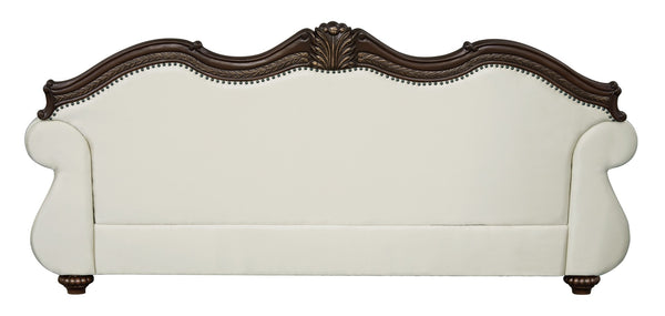 English Elm Pierce Beige Fabric Sofa With Cherry Finish & 5 Accent Pillows - Elegant Design For Refined Living B2726S00276-GIGA