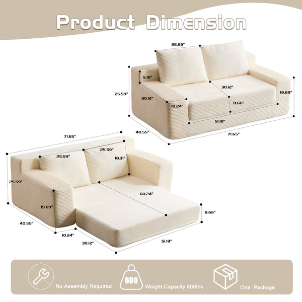 English Elm Loveseat Corduroy Bean Bag Sofa Bed with Memory Foam, Reversible Cushions, Plush Bolsters, No Assembly Required White W3723P346936