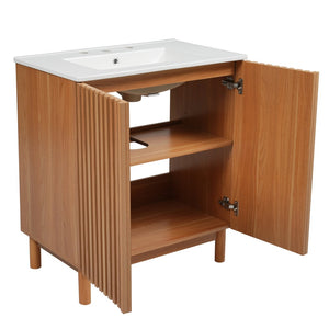 English Elm 29.9-inch Transitional Bathroom Vanity with Ceramic Sink Soft-close Doors Wood Legs N729P339777O