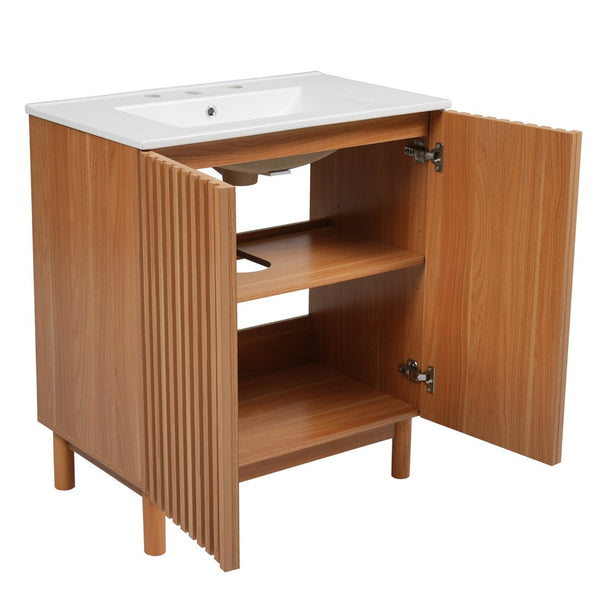 English Elm 29.9-inch Transitional Bathroom Vanity with Ceramic Sink Soft-close Doors Wood Legs N729P339777O