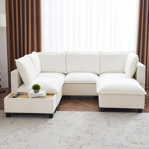 English Elm 90" U-shaped Sectional Sofa Modular Couch with Movable Ottoman, Hidden Charging Coffee Table, Durable Comfort White N719S001780K