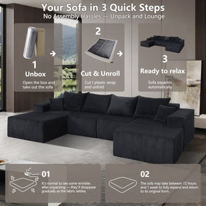English Elm 6-Piece Modular U-Shaped Sectional Sofa with Chaise Convertible Corduroy Comfort and Secure Base Black W3163S00040